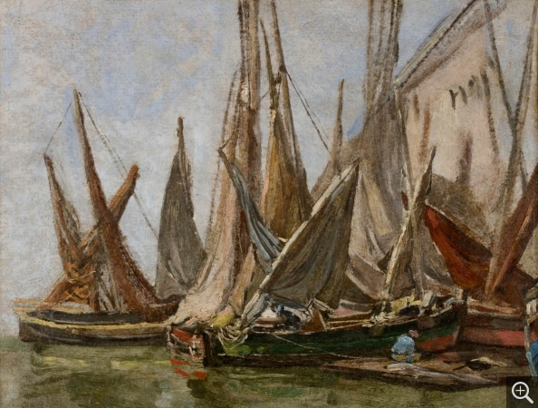 Eugène BOUDIN (1824-1898), Barques de pêche, ca. 1853-1859, oil on wood, 23.8 x 31.3 cm. © MuMa Le Havre / Florian Kleinefenn