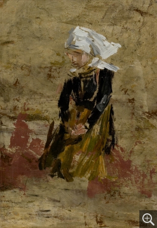 Eugène BOUDIN (1824-1898), Bretonne à genoux, 1865-1867, oil on wood, 18.5 x 13 cm. © MuMa Le Havre / Florian Kleinefenn