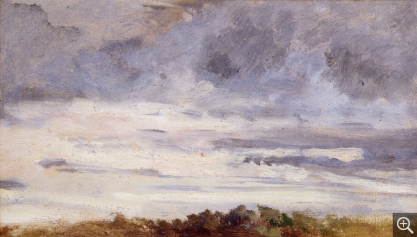 Eugène BOUDIN (1824-1898), Sky, Setting Sun, Bushes in Foreground, ca. 1848-1853, oil on paper, 11 x 19.5 cm. © MuMa Le Havre / Florian Kleinefenn