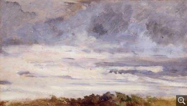 Eugène BOUDIN (1824-1898), Ciel, soleil couchant, arbustes au premier plan, ca. 1848-1853, huile sur papier, 11 x 19,5 cm. © MuMa Le Havre / Florian Kleinefenn