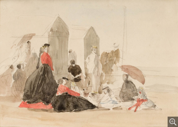 Eugène BOUDIN (1824-1898), Crinolines et cabines, 1865, crayon noir, graphite et aquarelle sur papier vergé, 16,7 x 23,7 cm. © MuMa Le Havre / Charles Maslard