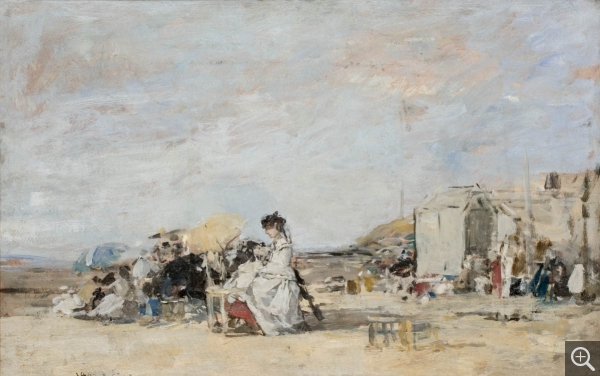 Eugène BOUDIN (1824-1898), Dame en blanc sur la plage de Trouville, 1869, huile sur carton, 31,4 x 48,6 cm. © MuMa Le Havre / Florian Kleinefenn