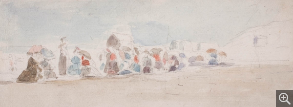Eugène BOUDIN (1824-1898), Sur la plage, graphite et aquarelle sur papier vergé, 9,1 x 23,8 cm. © MuMa Le Havre / Florian Kleinefenn