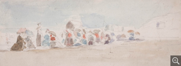 Eugène BOUDIN (1824-1898), Sur la plage, graphite et aquarelle sur papier vergé, 9,1 x 23,8 cm. © MuMa Le Havre / Florian Kleinefenn