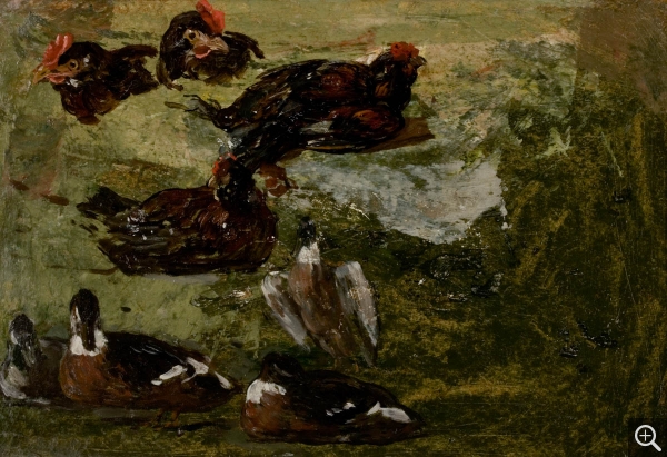 Eugène BOUDIN (1824-1898), Poules et canards, ca. 1853-1859, oil on board, 12.9 x 22.8 cm. © MuMa Le Havre / Florian Kleinefenn