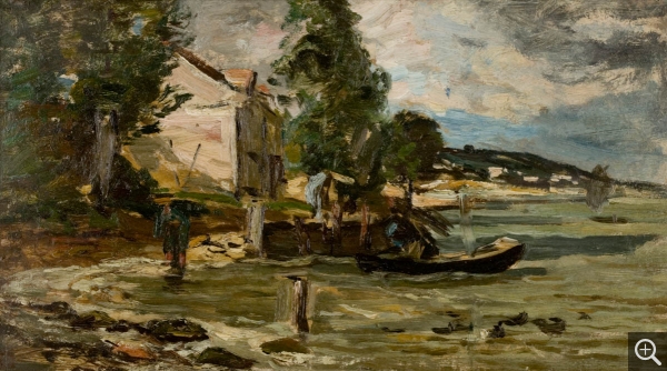 Eugène BOUDIN (1824-1898), La Rive du Poudreux, 1853-1859, oil on board, 17.8 x 31.4 cm. © MuMa Le Havre / Florian Kleinefenn