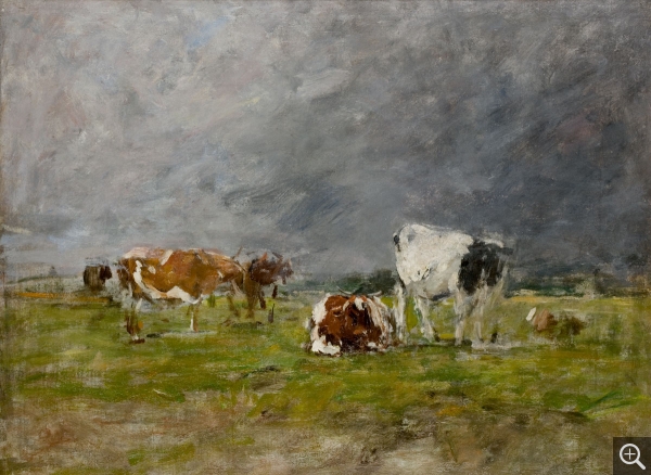 Eugène BOUDIN (1824-1898), Vaches au pré, orage à droite, ca. 1881-1888, huile sur toile, 41 x 55 cm. © MuMa Le Havre / Florian Kleinefenn