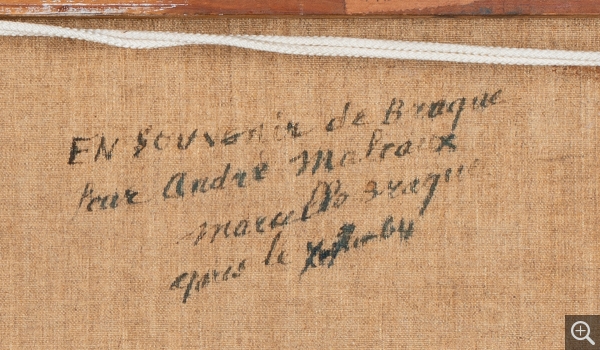 Détail de la dédicace de Marcelle Braque, la femme de Georges Braque : " En souvenir de Braque / Pour André Malraux / Marcelle Braque / Paris le X – 7 – 64 ". Georges BRAQUE (1882-1963), Verso de Barque sur la grève, 1956, huile sur toile, 50,5 x 95,5 cm, MuMa musée d'art moderne André Malraux, Le Havre, legs de Florence Malraux, 2019