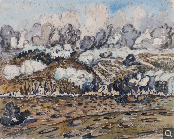 Albert COPIEUX (1885-1956), Attaque du Chemin des Dames (recto), 1917, aquarelle, fusain et gouache sur papier vergé. © MuMa Le Havre / Charles Maslard