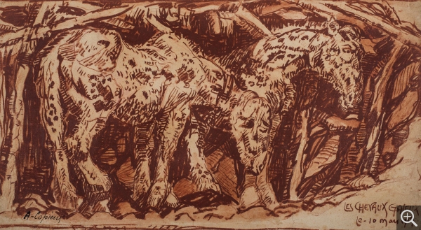Albert COPIEUX (1885-1956), Les Chevaux galeux, 1917, sanguine sur papier. © MuMa Le Havre / Charles Maslard
