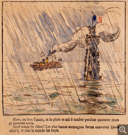 Détail 5 : Raoul DUFY, Le Déluge Universel, 1898, Aquarelle sur papier journal, 64.3 x 44.5 cm, Le Havre, Musée d’art moderne André Malraux, don Galerie Guillon-Laffaille. © 2020 MuMa Le Havre / Charles Maslard © ADAGP, Paris 2020