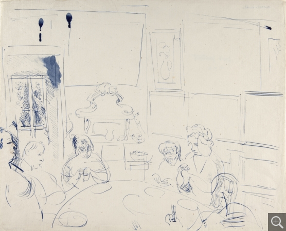 Raoul DUFY (1877-1953), La Table familiale, 1953, Plume à l’encre bleue sur papier, 44 × 55 cm. Bordeaux, musée des Beaux-Arts, dépôt du Centre Pompidou, MNAM-CCI, legs de Mme Raoul Dufy, 1963. © Mairie de Bordeaux/Florian David © ADAGP, Paris 2019