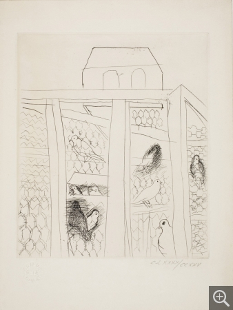 Raoul DUFY (1877-1953), Pigeonnier, vers 1951, gravure à la pointe sèche tirée sur papier,  22,5 x 19 cm. MuMa musée d'art moderne André Malraux, Le Havre, achat de la ville, 1959. © 2005 MuMa Le Havre / Florian Kleinefenn © ADAGP, Paris 2019