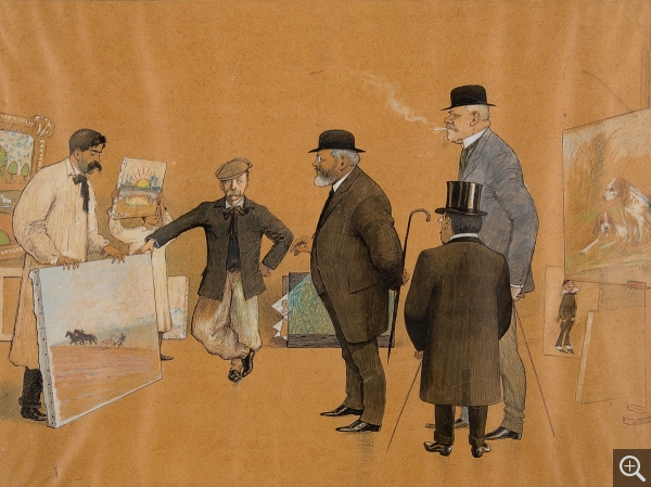 Robert FRÉMOND, Les collectionneurs havrais visitant une galerie de peinture, vers 1906-1910, watercolour on paper, 54 x 71 cm. . © MuMa Le Havre / Florian Kleinefenn