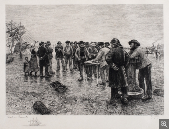 GŒNEUTTE Norbert (1854-1894), Les Haleurs du Havre, la paye, 1882, gravure. MuMa musée d'art moderne André Malraux, Le Havre, don de Madame Deloche de Noyelle, 2018. © 2018 MuMa Le Havre / Charles Maslard