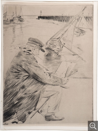 Paul César HELLEU (1859-1927), Eugène Boudin travaillant à Trouville sur la jetée, pointe sèche, 26 x 19,5 cm. © MuMa Le Havre / Charles Maslard