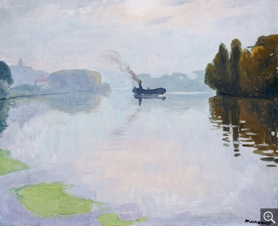 Albert MARQUET (1875-1947), Herblay. Automne. Le Remorqueur, 1919, huile sur carton entoilé, 33 x 41 cm. Le Havre, musée d’art moderne André Malraux, don de la famille Siegfried, 2020. © MuMa Le Havre / Charles Maslard