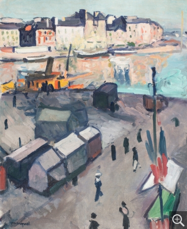 Albert MARQUET (1875-1947), Le Havre, le bassin, 1906, huile sur bois, 61,4 x 50,3 cm. Le Havre, Musée d’art moderne André Malraux, achat de la Ville avec l’aide de l’État Fonds du Patrimoine, la Région Normandie Fonds régional d’acquisition des musées, l’AMAM, et les entreprises Helvetia, Chalus Chégaray et Cie, CRAM, CRIC, 2019. © MuMa Le Havre / Charles Maslard