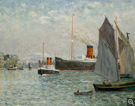 Maxime MAUFRA (1861-1918), Transatlantic Vessel Leaving the Harbour, 1905, oil on canvas, 65.5 x 81 cm. © MuMa Le Havre / Florian Kleinefenn