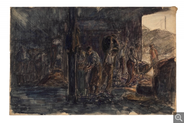 Gaston PRUNIER (1863-1927), Triage du charbon dans les hangars, 1899, crayon noir et aquarelle sur papier, 32.5 x 50 cm. Le Havre, musée d’art moderne André Malraux, achat de la ville, 2019. © MuMa Le Havre / Charles Maslard