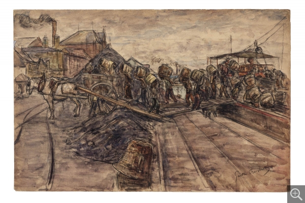 Gaston PRUNIER (1863-1927), Le Déchargement d'un charbonnier, vers 1899, crayon noir et aquarelle sur papier, 32,5 x 50 cm. Le Havre, musée d’art moderne André Malraux, achat de la ville, 2019. © MuMa Le Havre / Charles Maslard