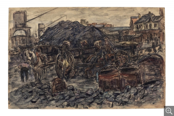 Gaston PRUNIER (1863-1927), Charbon sur le quai, vers 1899, crayon noir et aquarelle sur papier, 32,5 x 49,5 cm. Le Havre, musée d’art moderne André Malraux, achat de la ville, 2019. © MuMa Le Havre / Charles Maslard