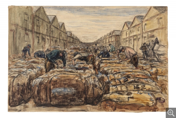 Gaston PRUNIER (1863-1927), Les Docks au coton, Le Havre, 1899, crayon noir et aquarelle sur papier, 32,5 x 49,5 cm. Le Havre, musée d’art moderne André Malraux, achat de la ville, 2019. © MuMa Le Havre / Charles Maslard