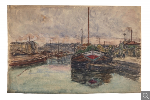 Gaston PRUNIER (1863-1927),  Bassin au Havre, vers 1899, crayon noir et aquarelle sur papier, 32,5 x 50,5 cm. Le Havre, musée d’art moderne André Malraux, achat de la ville, 2019. © MuMa Le Havre / Charles Maslard