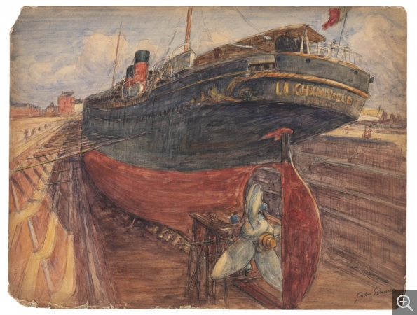 Gaston PRUNIER (1863-1927), Le Paquebot La Champagne en cale de radoub, vers 1899, , 50 x 65 cm. . © MuMa Le Havre / Charles Maslard