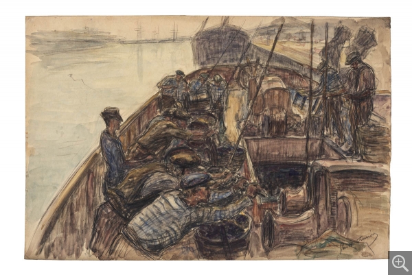 Gaston PRUNIER (1863-1927), Les Treuils à main sur un chaland, vers 1899, , 32.5 x 50.5 cm. . © MuMa Le Havre / Charles Maslard