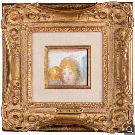 Pierre-Auguste RENOIR (1841-1919), Tête d’enfant et pomme – fragment, huile sur toile, 8 x 8 cm. Le Havre, musée d’art moderne André Malraux, don de Madame Veuve Robert Boyez, née Masana-Mas, 2020. © MuMa Le Havre / Charles Maslard