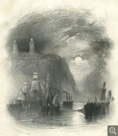 Dessiné par Joseph Mallord William TURNER (1775-1851) ; gravé par John COUSEN (1804-1880), Light towers of the Heve, gravure en taille douce, 20, 9 x 12,9 cm. Provient de l’album “Wanderings by the Seine. By Leitch Ritchie… with 20 engravings from drawings by J.M.W. Turner”, Londres, Longmann, 1834. © MuMa Le Havre / Charles Maslard