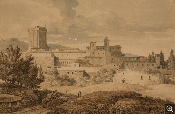 Pierre-Henri de VALENCIENNES (1750-1819), Vue de Rome, 1791, Plume, crayon et encre sépia sur papier, 24,2 x 36,8 cm (sans cadre). Le Havre, musée d’art moderne André Malraux. © 2005 MuMa Le Havre / Florian Kleinefenn