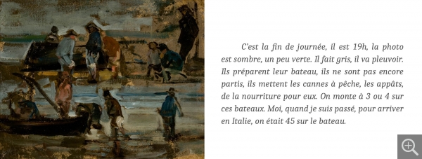 C’est l’occasion pour CLARA de se souvenir de son arrivée en Europe. Visuel : Eugène BOUDIN (1824-1898), Pêcheurs près d'une barque , vers 1853-1859, oil on board, 20.8 x 26.7 cm. . © 2006 MuMa Le Havre / Florian Kleinefenn