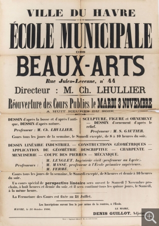 Anonyme, École municipale des beaux-arts, réouverture des cours publics, 1895, affiche. archives municipales du Havre. © Archives municipales Le Havre