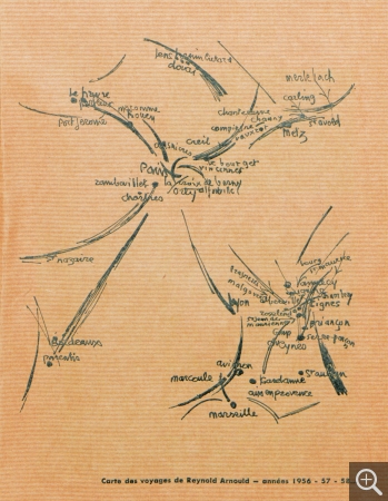 Carte des voyages de Reynold Arnould entre 1956 et 1958. Illustration extraite du catalogue de l’exposition Forces et rythmes de l’industrie au musée des Arts décoratifs,16 octobre-29 novembre 1959