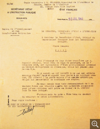 Courrier d’Abel Bonnard, ministre de l’Éducation nationale, à Fernand de Brinon, délégué du gouvernement français dans les territoires occupés, à propos de l’affectation de Reynold Arnould au STO, 10 juillet 1943, Rome. ©  Archives de la Villa Médicis