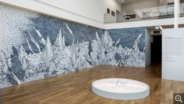 Elsa GUILLAUME (1989), Sur la dorsale de mes songes, fresque réalisée au MuMa, 2018, dessin mural in-situ, 300 x 1300 cm. © Elsa Guillaume