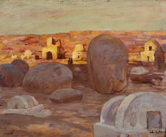 Charles COTTET (1863-1925), Sudanese Village (Aswan 1895), 1895, oil on paper pasted on panel, 32.3 x 41.5 cm. © MuMa Le Havre / Florian Kleinefenn