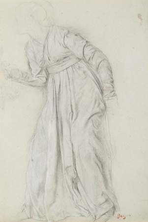 Edgar DEGAS (1834-1917), Étude de draperie. Étude pour Sémiramis construisant Babylone, ca. 1860-1862, graphite, pierre noire et gouache blanche, sur papier vergé gris-bleu, 32,8 x 31,3 cm. © MuMa Le Havre / Florian Kleinefenn Edgar DEGAS (1834-1917), Étude de draperie. Étude pour Sémiramis construisant Babylone, ca. 1860-1862, graphite, pierre noire et gouache blanche, sur papier vergé gris-bleu, 32,8 x 31,3 cm. © MuMa Le Havre / Florian Kleinefenn