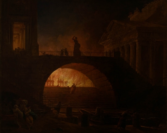 Hubert ROBERT (1733-1808), The Fire of Rome, vers 1771, oil on canvas, 75.5 x 93 cm. © MuMa Le Havre / Florian Kleinefenn
