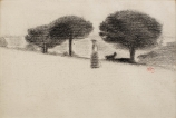Henri Edmond CROSS (1856-1910), Femme et chien dans un paysage aux pins parasols, fusain sur papier vergé filigrané avec marque de fabrique Auguste Lepage, 24,3 x 31 cm. © MuMa Le Havre / David Fogel