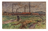 Gaston PRUNIER (1863-1927), Usine près du Havre, vers 1899, crayon noir et aquarelle sur papier, 32,5 x 50,5 cm. Le Havre, musée d’art moderne André Malraux, achat de la ville, 2019. © MuMa Le Havre / Charles Maslard