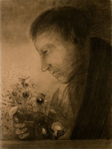 Odilon REDON (1840-1916), Profile of a Man with a Bouquet of Flowers, ca. 1880-1885, charcoal with black pencil, smudging, marks of erasing on vellum paper, 48.1 x 36.2 cm. Senn-Foulds collection. © MuMa Le Havre / Florian Kleinefenn
