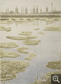 Jürg KREIENBÜHL, Paysage industriel avec pollution pétrolière, 1984, lithographie, 102 x 74 cm . ©MuMa Le Havre / François Dugué ©ADAGP - Paris 2025