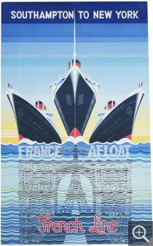 Kay STEWART, Southampton to New York. France Afloat - affiche publicitaire de la Compagnie générale transatlantique, vers 1938, lithographie en couleurs, 115 x 77 cm. Collection EPCC French Lines & Compagnies - patrimoine maritime et portuaire. © Collection French Lines & Compagnies Kay STEWART, Southampton to New York. France Afloat - affiche publicitaire de la Compagnie générale transatlantique, vers 1938, lithographie en couleurs, 115 x 77 cm. Collection EPCC French Lines & Compagnies - patrimoine maritime et portuaire. © Collection French Lines & Compagnies