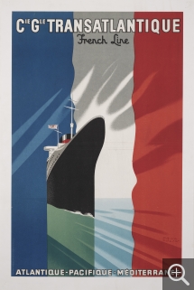 Paul COLIN, Paquebot Normandie - affiche publicitaire de la Compagnie générale transatlantique, 1935, lithographie en couleurs, 118 x 85 cm. Collection EPCC French Lines & Compagnies - patrimoine maritime et portuaire. ©Collection French Lines & Compagnies ©ADAGP - Paris 2025