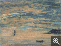 Eugène BOUDIN (1824-1898), Couchant et falaise (Étretat), vers 1854-1859, pastel sur papier bleu-gris, 15 x 20 cm. Honfleur - Musée Eugène Boudin - legs Eugène Boudin - 1899. © Musée Eugène Boudin - Honfleur - Henri Brauner