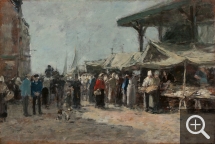 Eugène BOUDIN (1824-1898), La Poissonnerie de Trouville, 1875, huile sur bois, 24 x 36 cm. Giverny - musée des impressionnismes - don de Christophe et Teresa Karvelis-Senn - 2023. ©MDIG/Jean-Charles Louiset