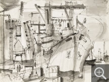Roger GUERRANT, Le Port du Havre, 1957, encre de Chine sur papier, 48 x 63 cm. Le Havre - musée d’art moderne André Malraux. ©MuMa Le Havre / François Dugué ©ADAGP - Paris 2025